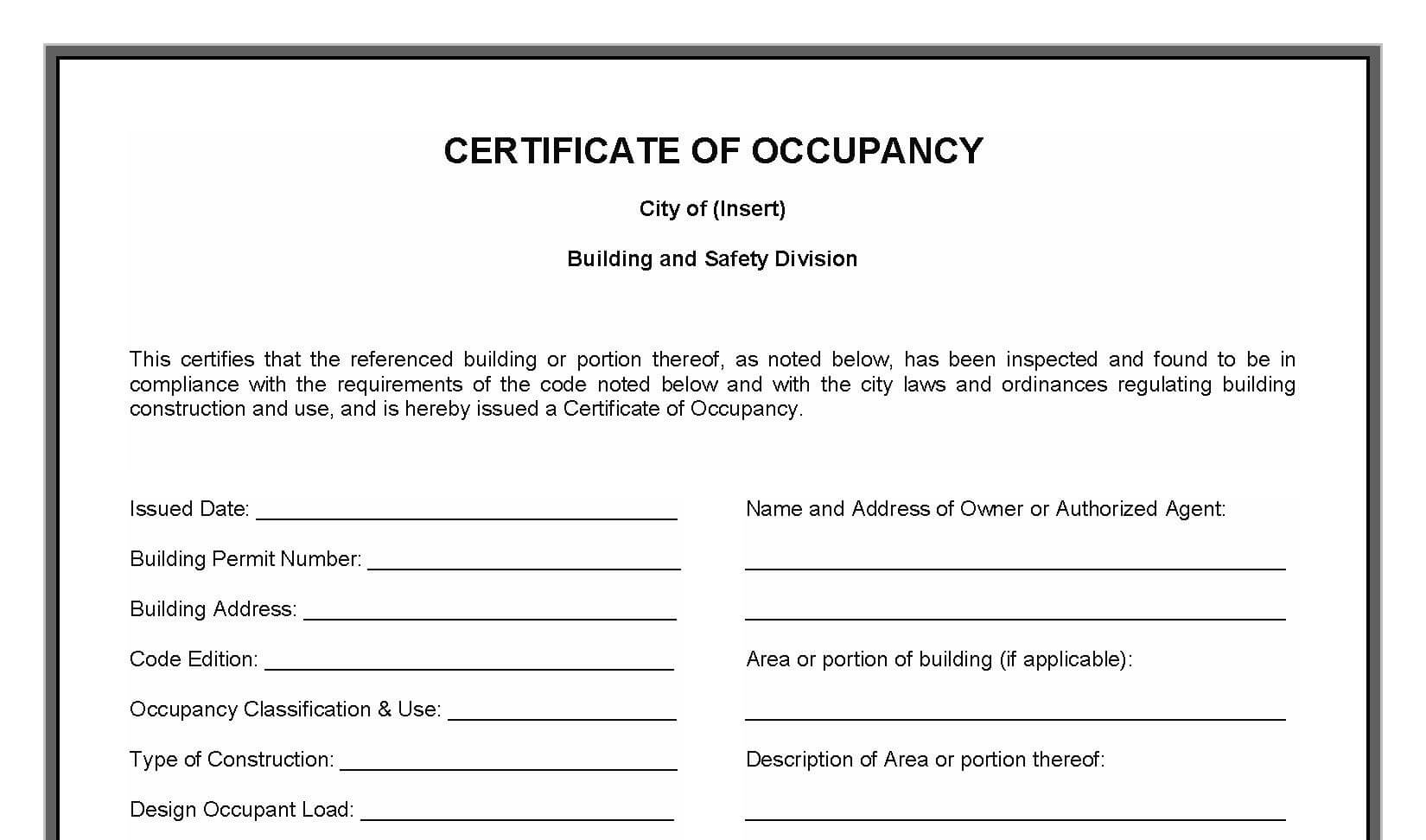 example of Certificate of Occupancy