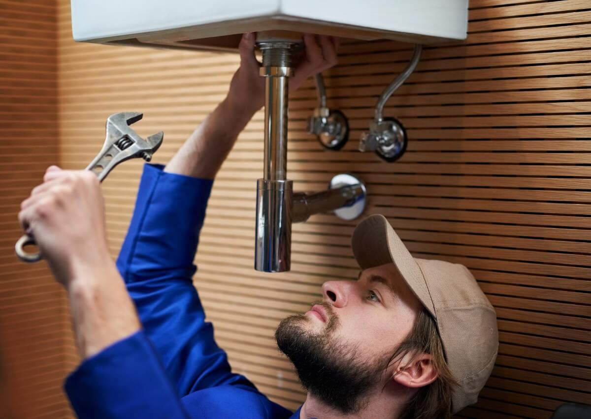a plumber repairing a pipe underneath a sink