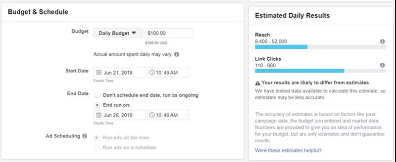 Now it is time to decide how much you want to spend on your Facebook ad.